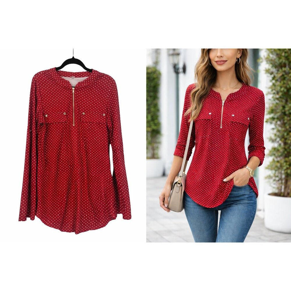 Red Polka Dot Zip Front Blouse Long Sleeve Parisian Chic Large